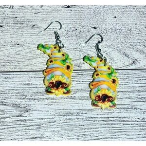 Gnome Earrings Sunflower Theme Yellow Striped Hat Cute Dangle Jewelry